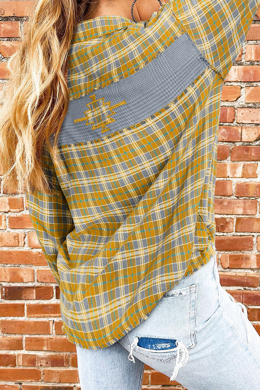 Ginger Plaid Embroidery Patch Button-Down Shacket  with a 30% Discount the Price is $82.18 ($35.22 Savings)