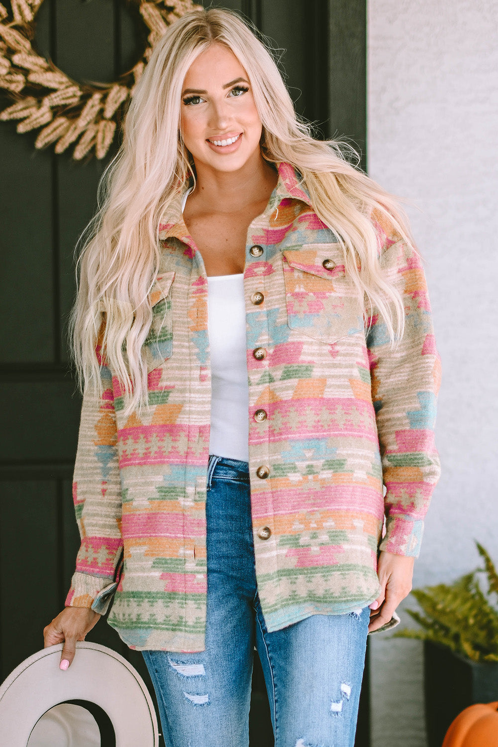 Multicolor Western Aztec Print Button Flap Pocket Shacket with a 30% Discount the Price is $101.40 ($43.46 Savings)